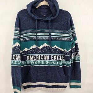 American Eagle Med Knit Hoodie Sweater Blue Mountain Graphic Pullover